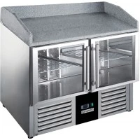 Холодильний стіл для піци - 0,9 x 0,7 m - 2 скляних дверей та Granitplatte GGM Gastro