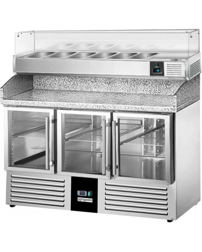 Холодильний стіл для піци PREMIUM - 1,4 x 0,7 m - 3 скляних дверей GGM Gastro